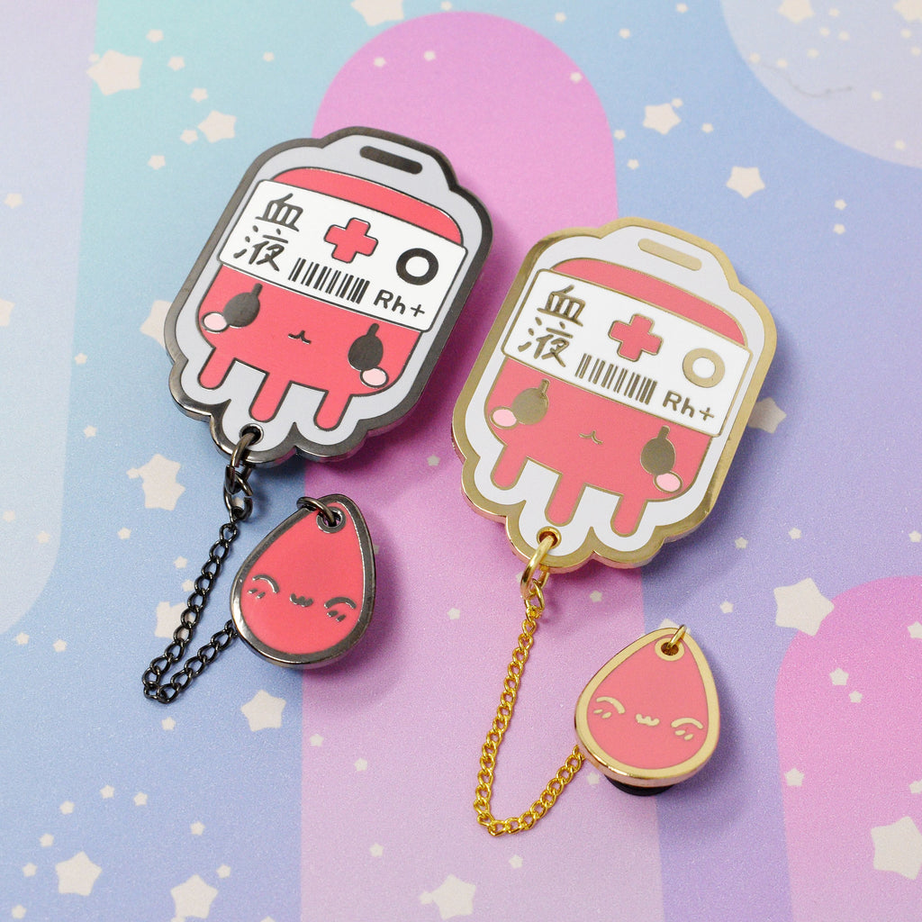 O+ Positive Blood Bag -- Hard Enamel Collar Pin -- Kawaii Medical Pins Series - Kittynaut